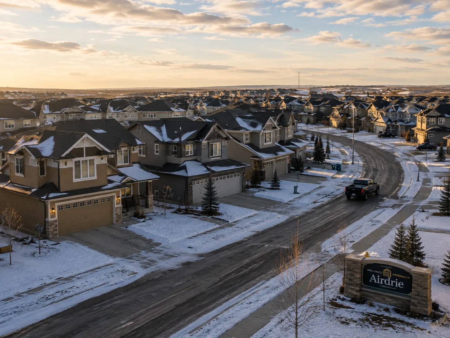 Airdrie neighbourhood street showing homes with garage doors