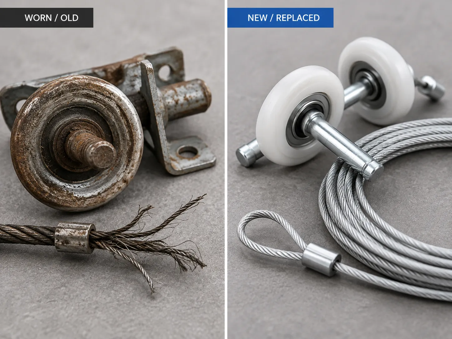 Close-up of garage door cables and rollers being replaced