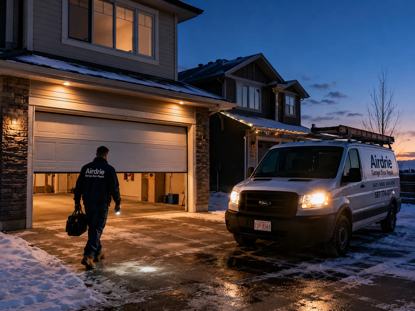 Emergency garage door repair — technician responding to a stuck door at night