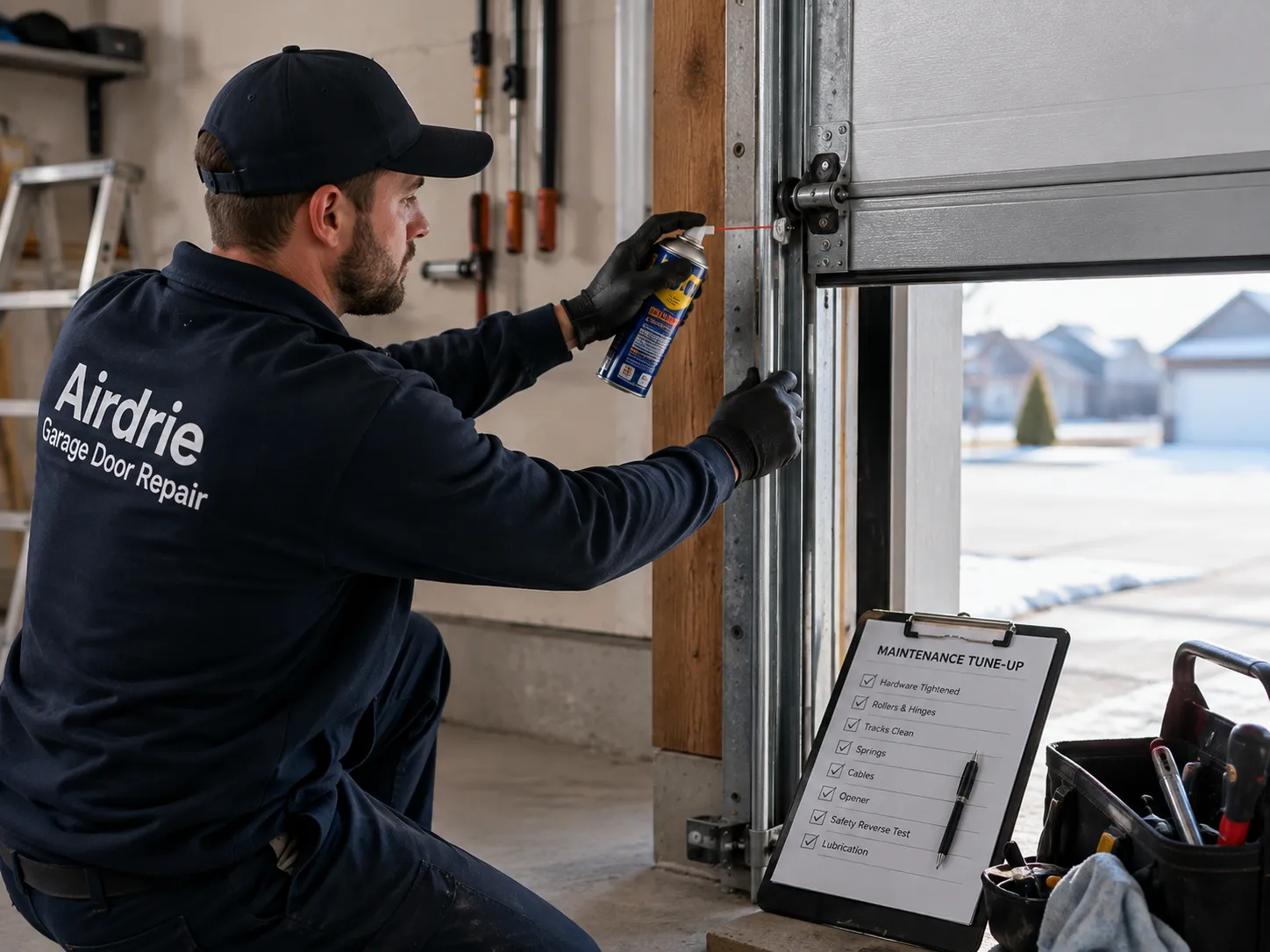 Technician inspecting and lubricating garage door hardware during a tune-up