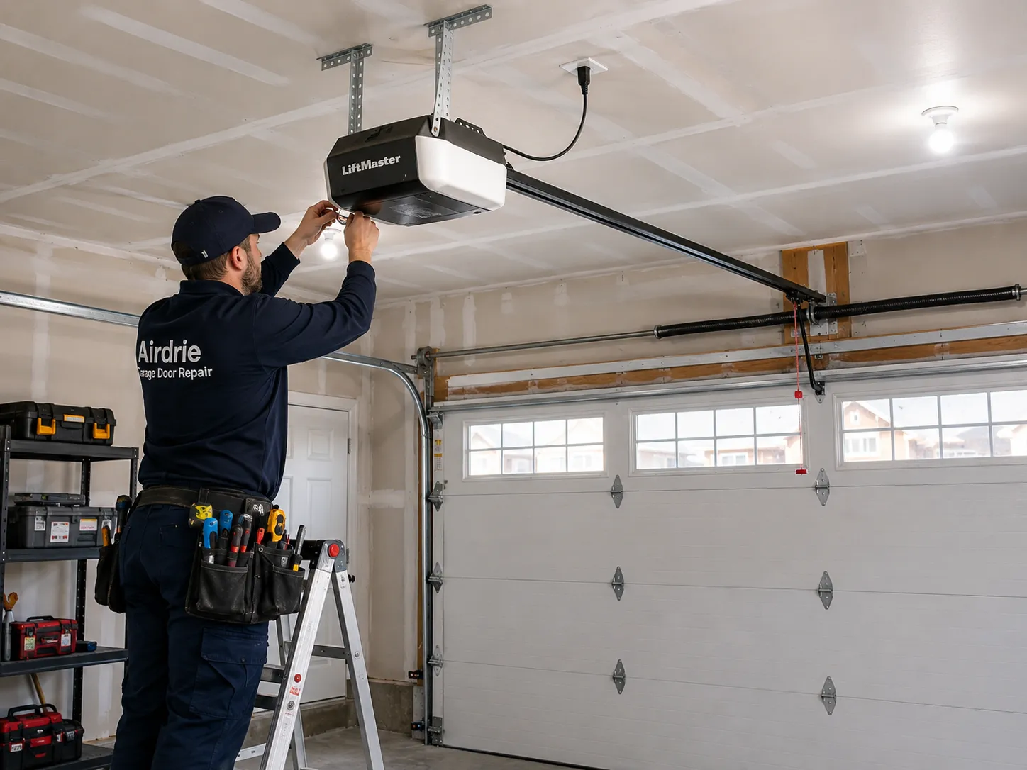 Garage door opener unit being installed on ceiling track