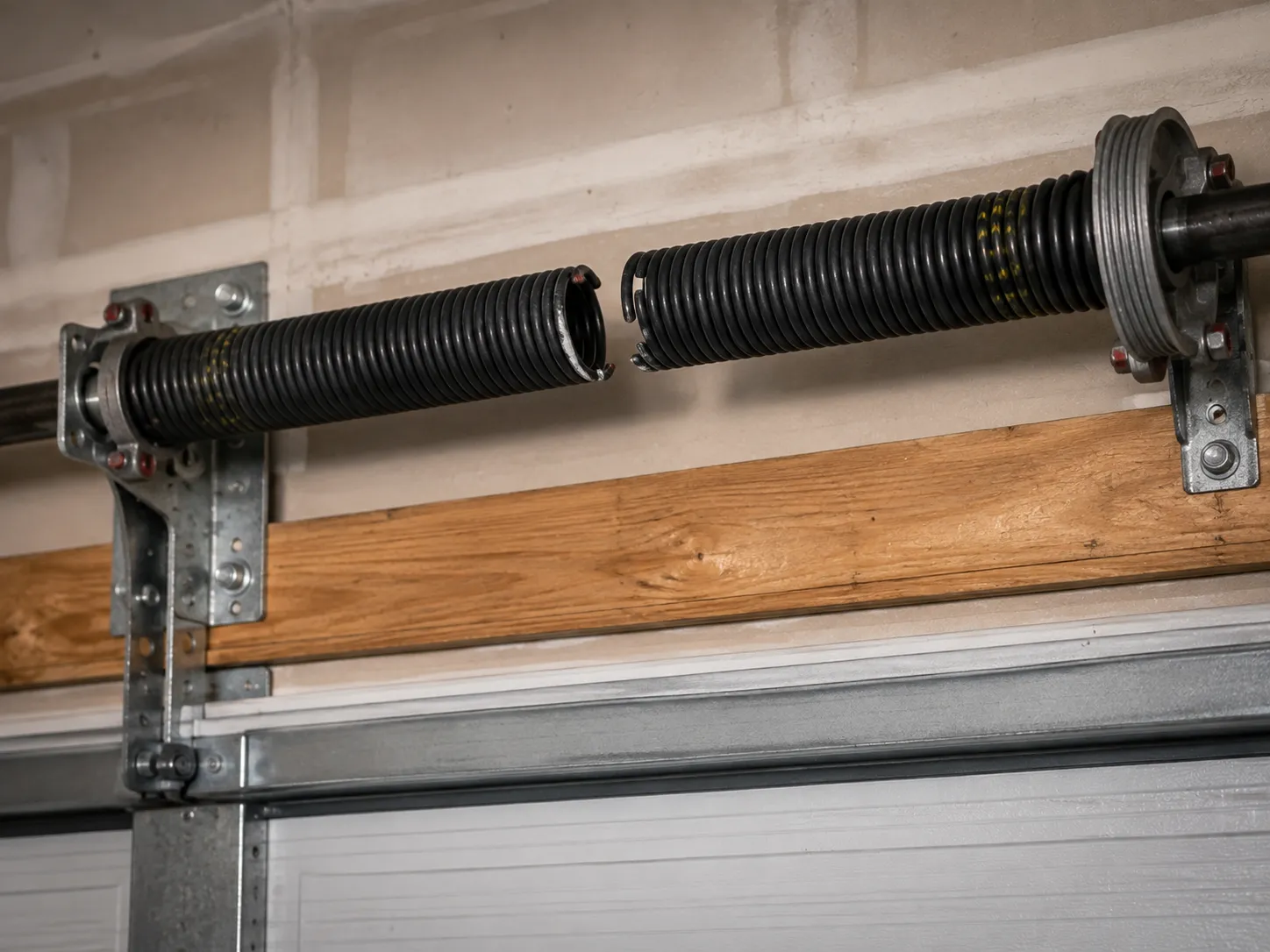 Technician replacing a torsion spring on a residential garage door