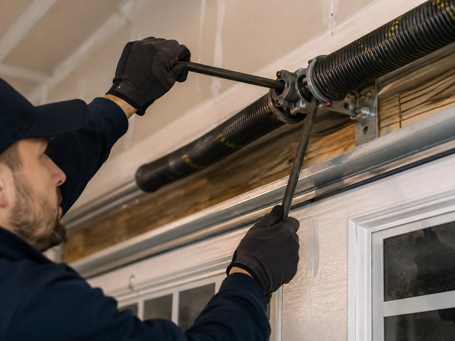 Close-up of technician working on garage door spring assembly